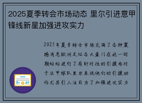 2025夏季转会市场动态 里尔引进意甲锋线新星加强进攻实力
